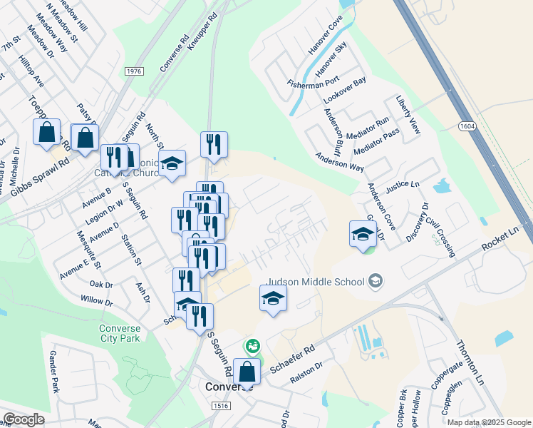 map of restaurants, bars, coffee shops, grocery stores, and more near 9214 Shadow Lawn Circle in Converse