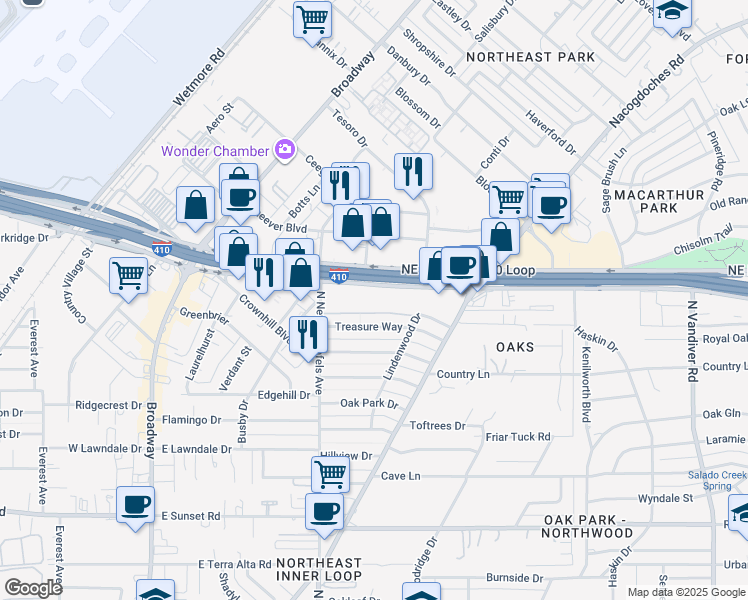 map of restaurants, bars, coffee shops, grocery stores, and more near 1020 Northeast Interstate 410 Loop in San Antonio