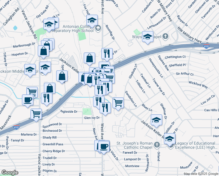 map of restaurants, bars, coffee shops, grocery stores, and more near 6000 West Avenue in San Antonio