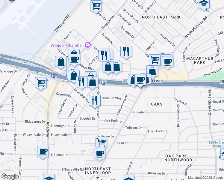 map of restaurants, bars, coffee shops, grocery stores, and more near 1020 Northeast Interstate 410 Loop in San Antonio