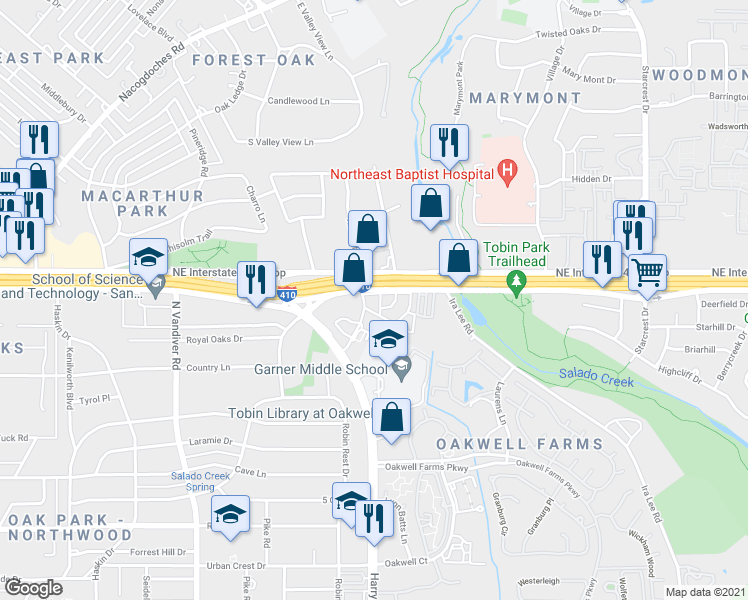 map of restaurants, bars, coffee shops, grocery stores, and more near 1804 Northeast Interstate 410 Loop in San Antonio