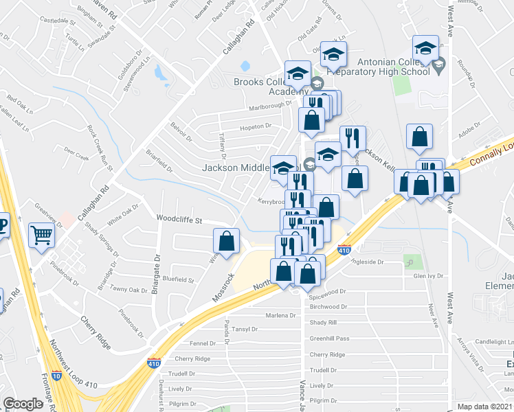 map of restaurants, bars, coffee shops, grocery stores, and more near 2638 Kerrybrook Court in San Antonio