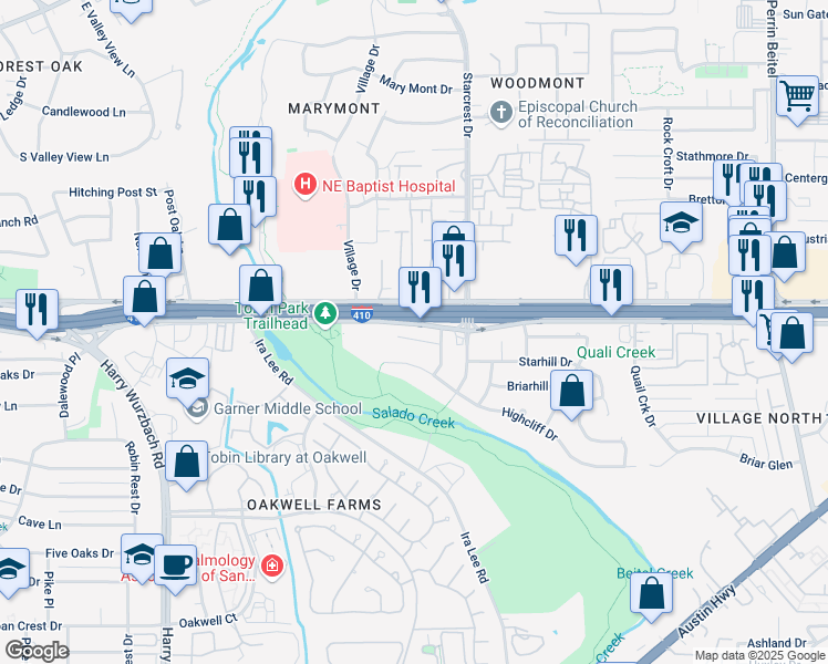 map of restaurants, bars, coffee shops, grocery stores, and more near 3607 Greenleaf Drive in San Antonio