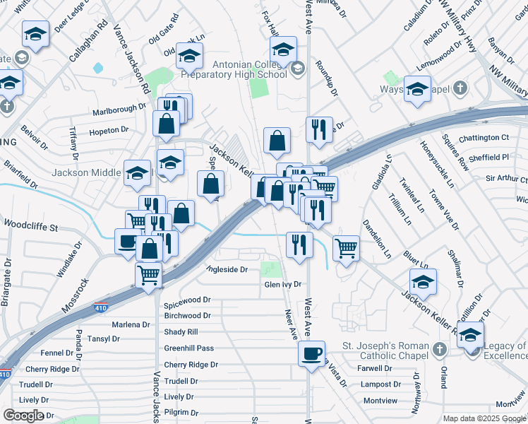 map of restaurants, bars, coffee shops, grocery stores, and more near 2202 I- 410 Access Road in San Antonio