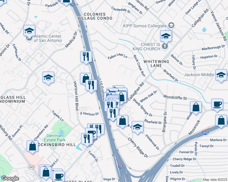 map of restaurants, bars, coffee shops, grocery stores, and more near 7 Greatview Street in San Antonio