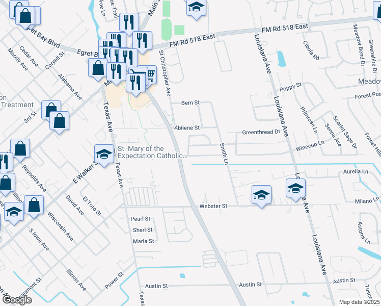 map of restaurants, bars, coffee shops, grocery stores, and more near 2106 Paintbrush Avenue in League City