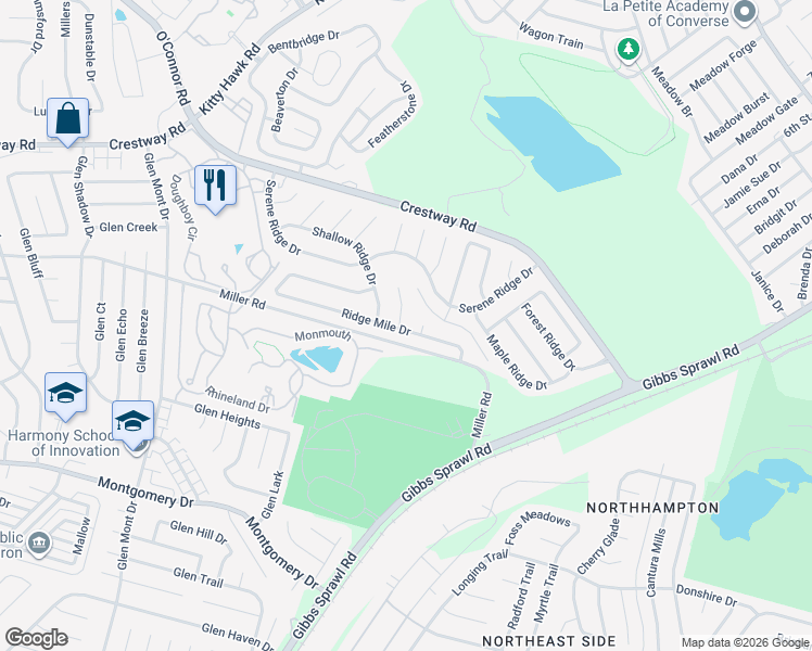 map of restaurants, bars, coffee shops, grocery stores, and more near 8602 Ridge Flower Drive in San Antonio