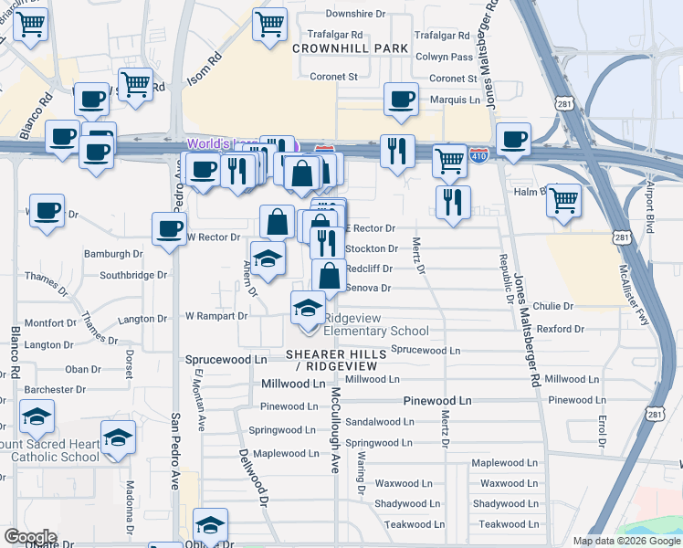 map of restaurants, bars, coffee shops, grocery stores, and more near 302 Redcliff Drive in San Antonio