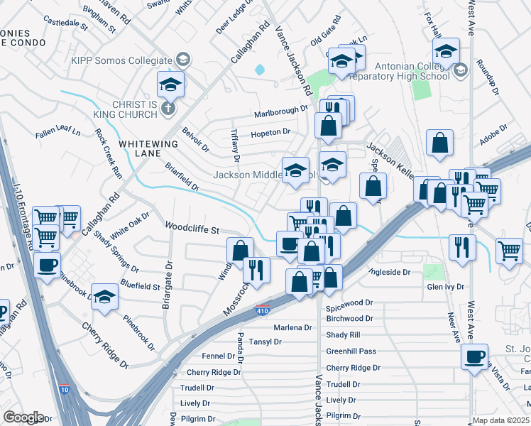 map of restaurants, bars, coffee shops, grocery stores, and more near 2638 Kerrybrook Court in San Antonio