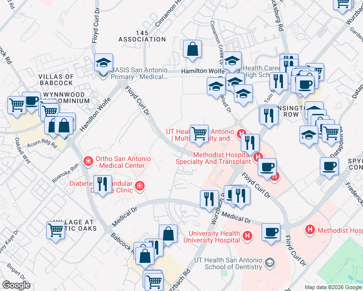 map of restaurants, bars, coffee shops, grocery stores, and more near 8300 Floyd Curl Drive in San Antonio