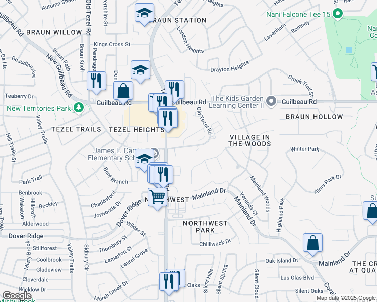 map of restaurants, bars, coffee shops, grocery stores, and more near 7900 Old Tezel Road in San Antonio