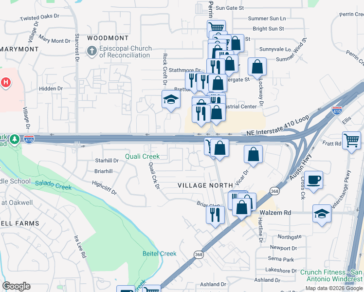 map of restaurants, bars, coffee shops, grocery stores, and more near 2554 Northeast Interstate 410 Loop in San Antonio