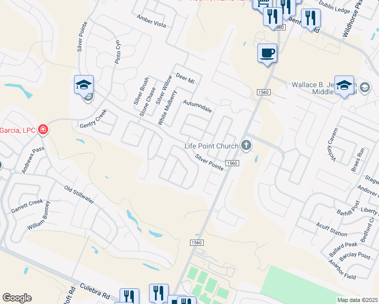 map of restaurants, bars, coffee shops, grocery stores, and more near 11743 Silver Prairie in San Antonio