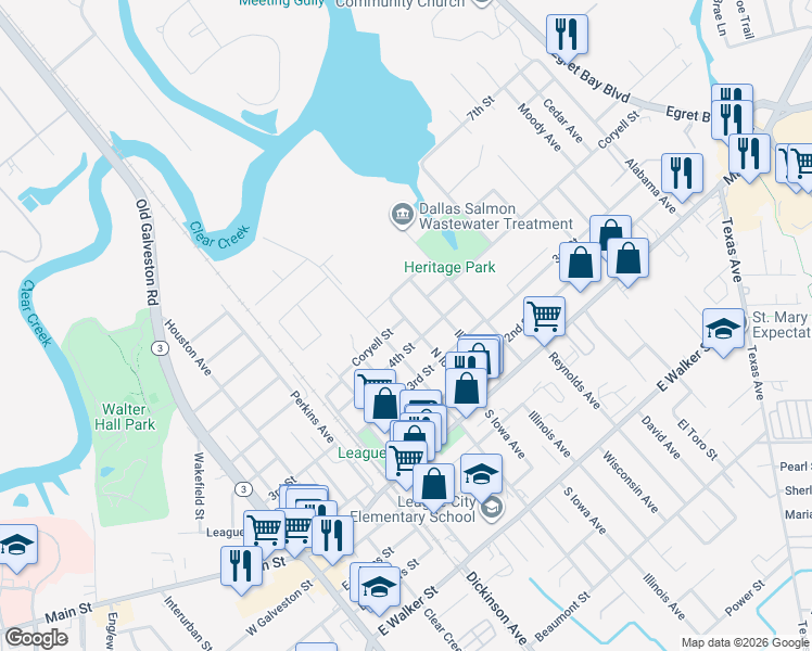 map of restaurants, bars, coffee shops, grocery stores, and more near 811 Coryell Street in League City