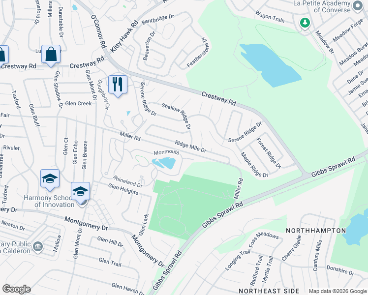 map of restaurants, bars, coffee shops, grocery stores, and more near 8714 Ridge Mile Drive in San Antonio