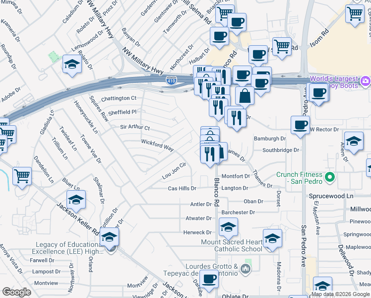 map of restaurants, bars, coffee shops, grocery stores, and more near 302 Lochaven Lane in San Antonio