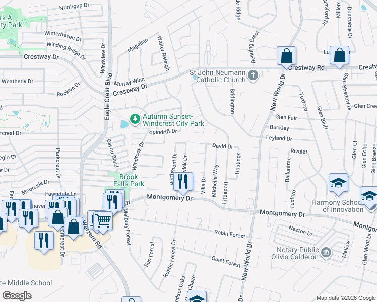 map of restaurants, bars, coffee shops, grocery stores, and more near 8548 Braewick Drive in San Antonio