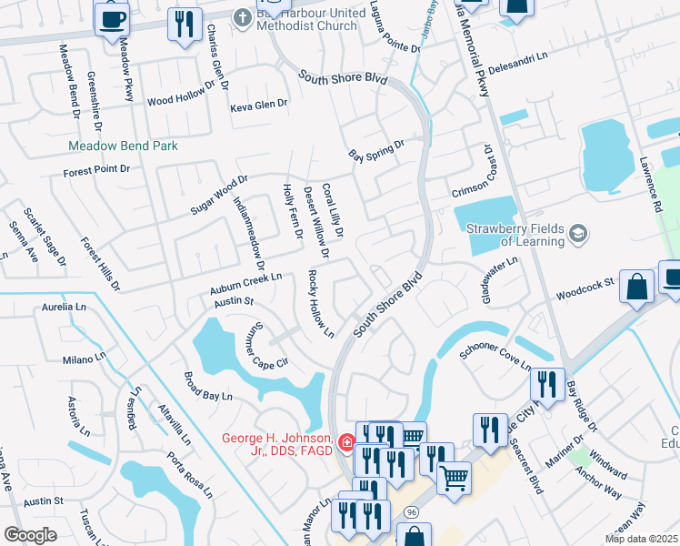 map of restaurants, bars, coffee shops, grocery stores, and more near 2974 Windy Briar Lane in League City