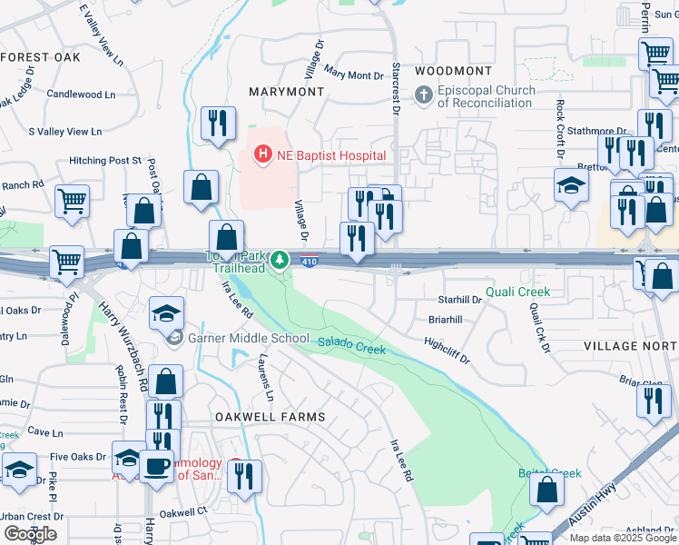 map of restaurants, bars, coffee shops, grocery stores, and more near 3607 Greenleaf Drive in San Antonio