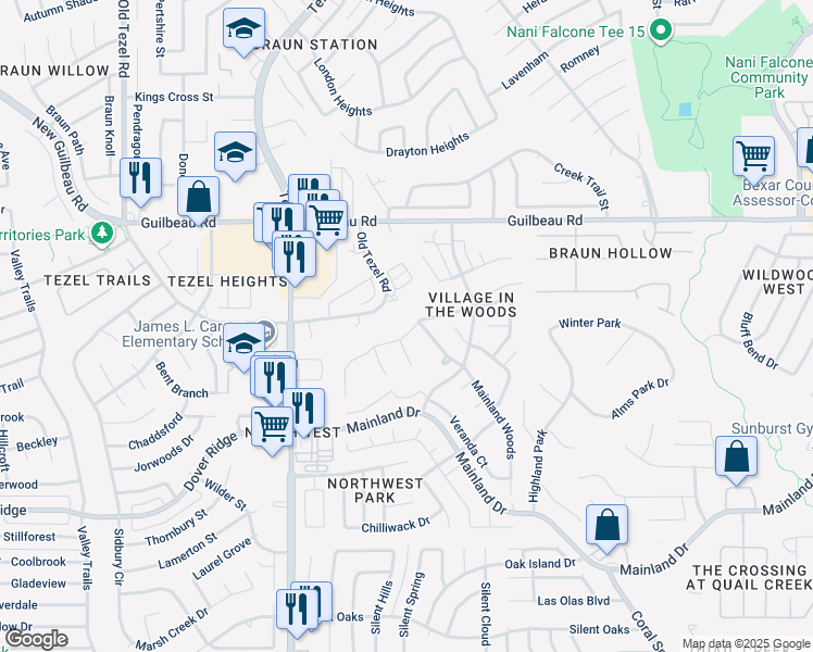 map of restaurants, bars, coffee shops, grocery stores, and more near 8811 Redbud Woods in San Antonio