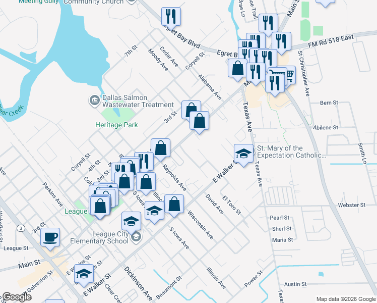 map of restaurants, bars, coffee shops, grocery stores, and more near 108 Briarglen Drive in League City