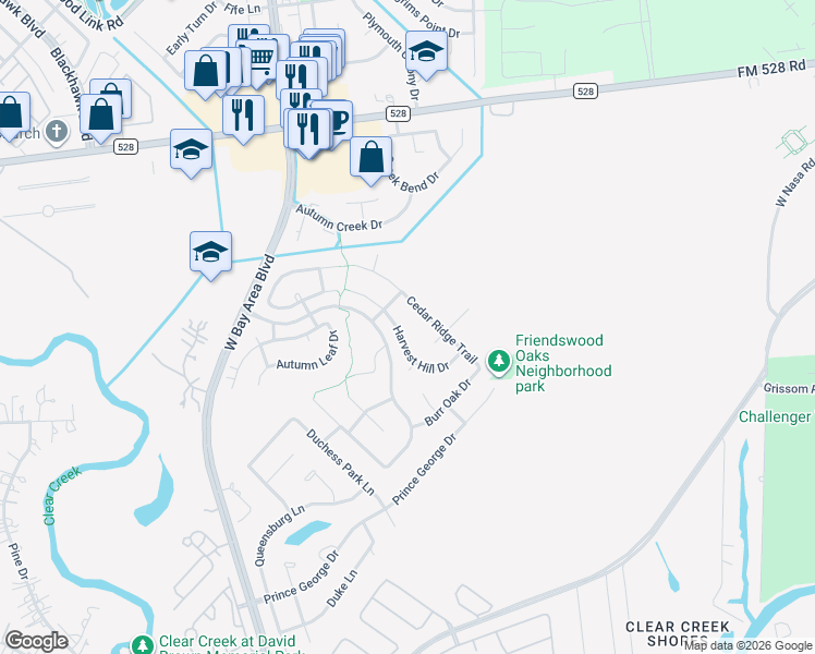 map of restaurants, bars, coffee shops, grocery stores, and more near 2907 Harvest Hill Drive in Friendswood