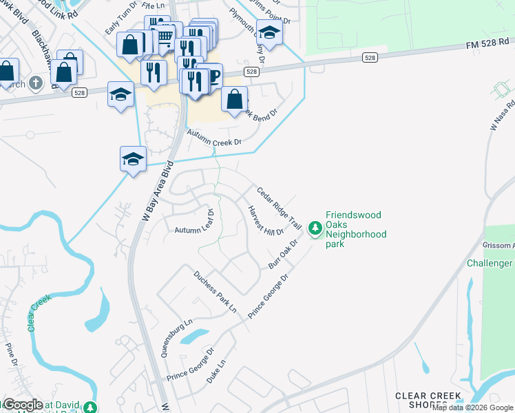 map of restaurants, bars, coffee shops, grocery stores, and more near 2907 Harvest Hill Drive in Friendswood