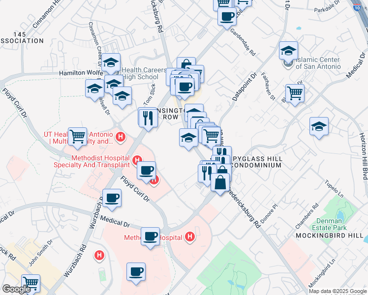 map of restaurants, bars, coffee shops, grocery stores, and more near 8221 Fredericksburg Road in San Antonio