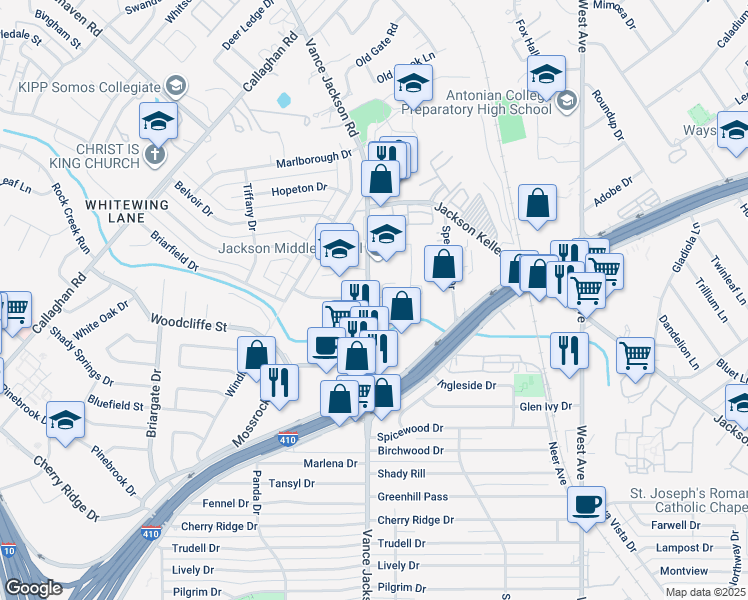 map of restaurants, bars, coffee shops, grocery stores, and more near 95774 Vance Jackson Road in San Antonio