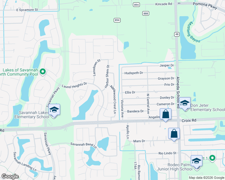 map of restaurants, bars, coffee shops, grocery stores, and more near 4718 Applewood Crest Lane in Rosharon