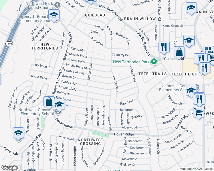 map of restaurants, bars, coffee shops, grocery stores, and more near 9234 Bowen Drive in San Antonio