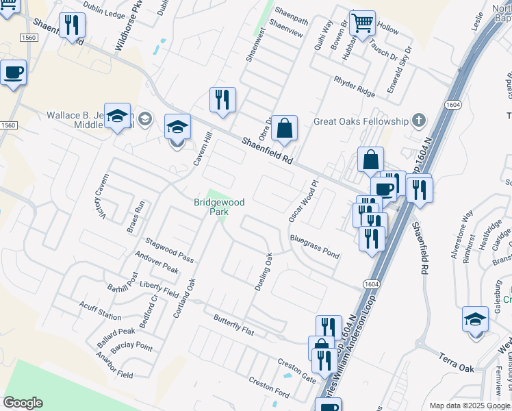 map of restaurants, bars, coffee shops, grocery stores, and more near 10658 Cavelier Point in San Antonio