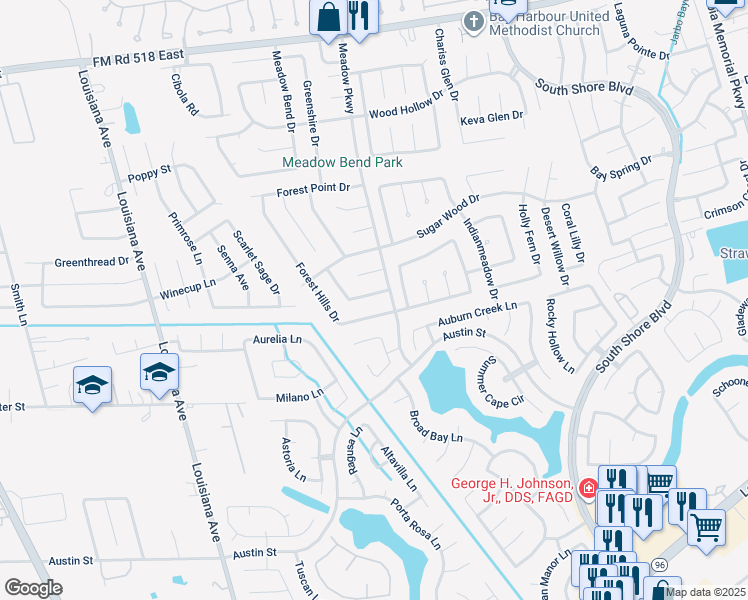 map of restaurants, bars, coffee shops, grocery stores, and more near 2817 Pine Mills Drive in League City