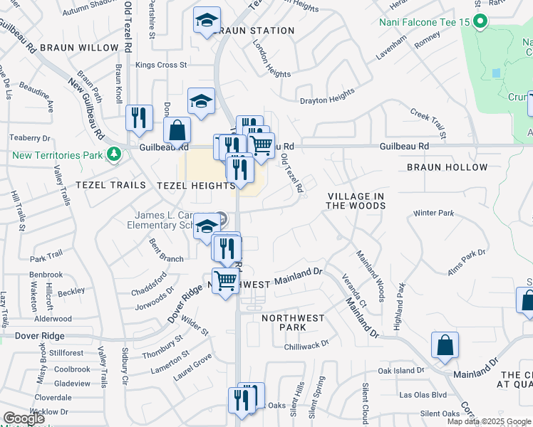 map of restaurants, bars, coffee shops, grocery stores, and more near 7900 Old Tezel Road in San Antonio