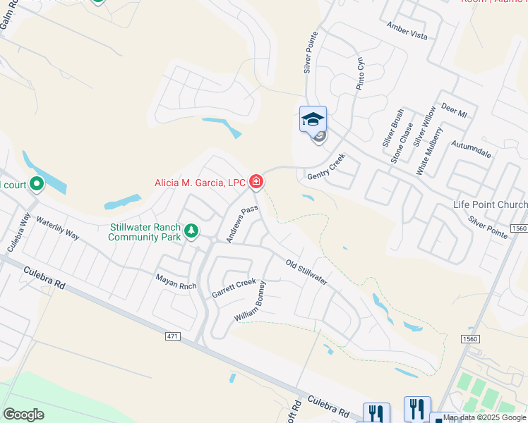 map of restaurants, bars, coffee shops, grocery stores, and more near 12407 Stillwater Creek in San Antonio