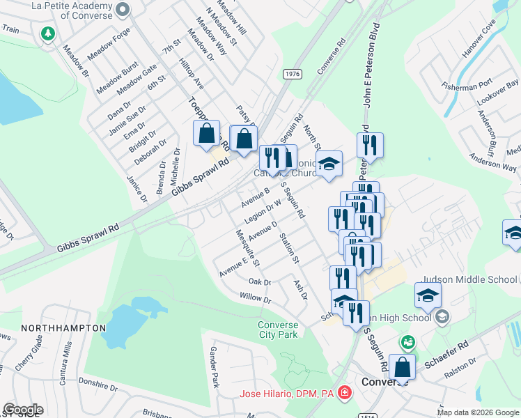 map of restaurants, bars, coffee shops, grocery stores, and more near 203 Legion Drive West in Converse