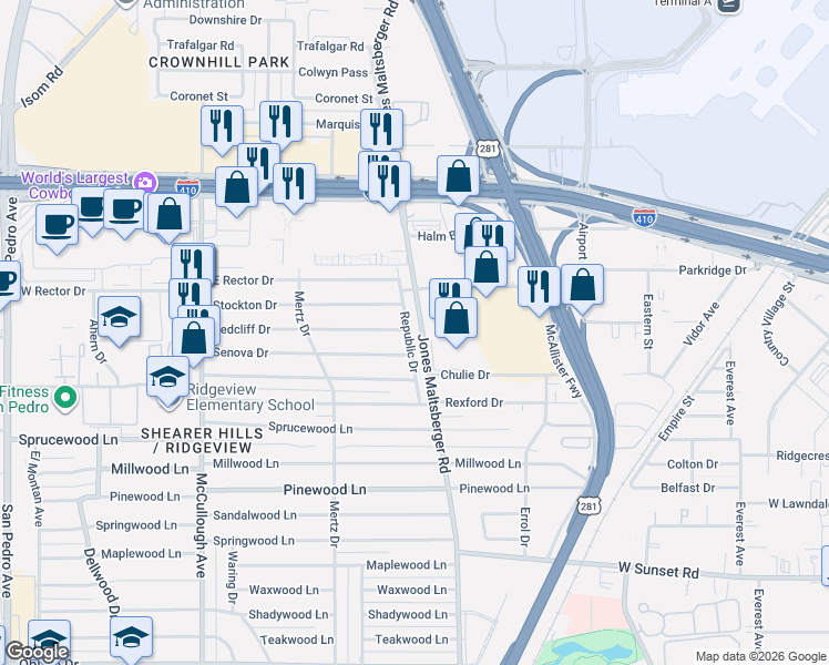 map of restaurants, bars, coffee shops, grocery stores, and more near 634 Redcliff Drive in San Antonio