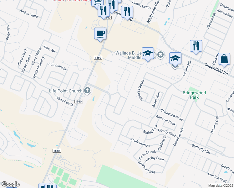 map of restaurants, bars, coffee shops, grocery stores, and more near 11330 Impressive Way in San Antonio