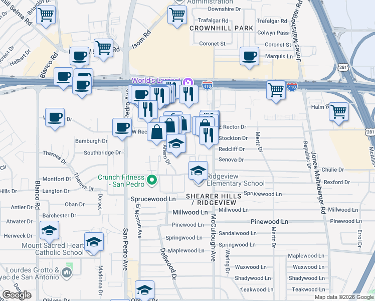 map of restaurants, bars, coffee shops, grocery stores, and more near 8506 Wakefield Drive in San Antonio