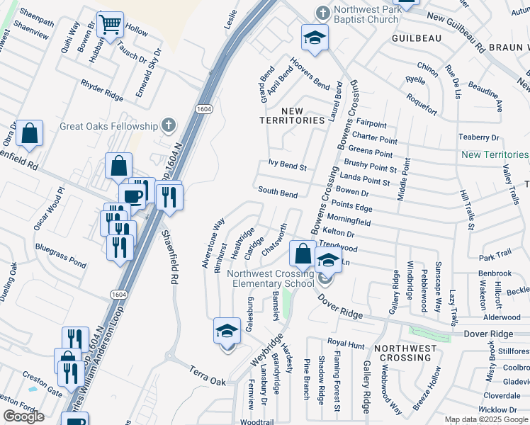map of restaurants, bars, coffee shops, grocery stores, and more near 7722 Heathridge in San Antonio
