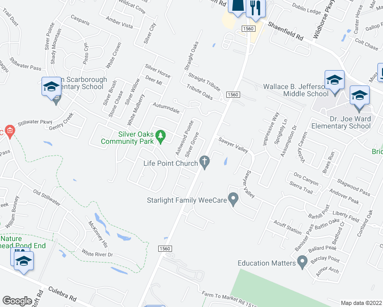 map of restaurants, bars, coffee shops, grocery stores, and more near 8018 Silver Grove in San Antonio