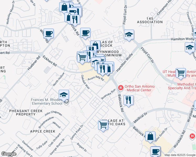 map of restaurants, bars, coffee shops, grocery stores, and more near 5437 Acorn Ridge Road in San Antonio
