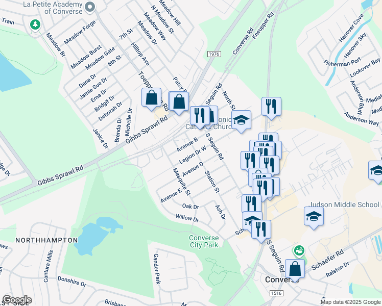 map of restaurants, bars, coffee shops, grocery stores, and more near 203 Legion Drive West in Converse
