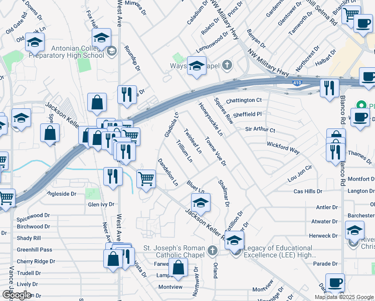 map of restaurants, bars, coffee shops, grocery stores, and more near 128 Trillium Lane in Castle Hills