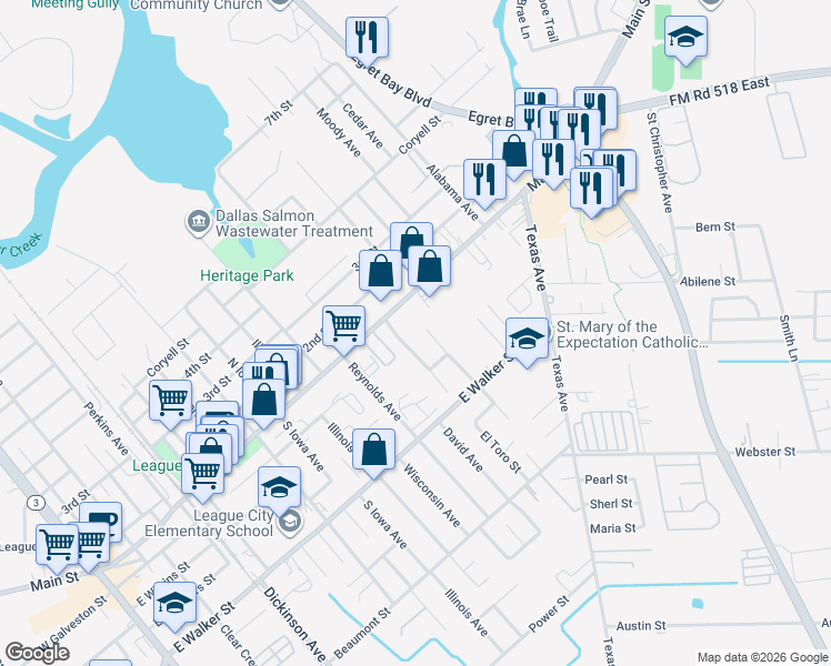 map of restaurants, bars, coffee shops, grocery stores, and more near 108 Briarglen Drive in League City