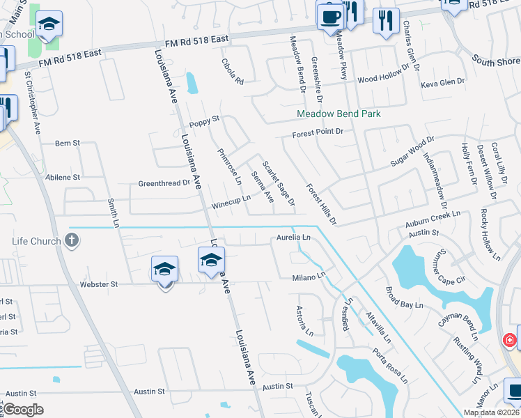 map of restaurants, bars, coffee shops, grocery stores, and more near 2508 Purple Horse Drive in League City