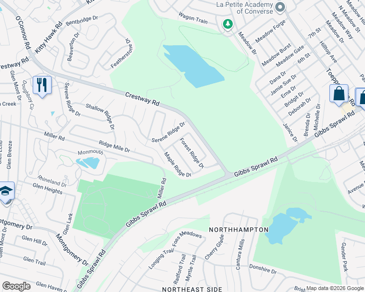 map of restaurants, bars, coffee shops, grocery stores, and more near 8428 Forest Ridge Drive in San Antonio