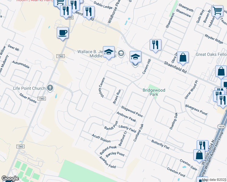 map of restaurants, bars, coffee shops, grocery stores, and more near 8115 Sandbar Point in San Antonio