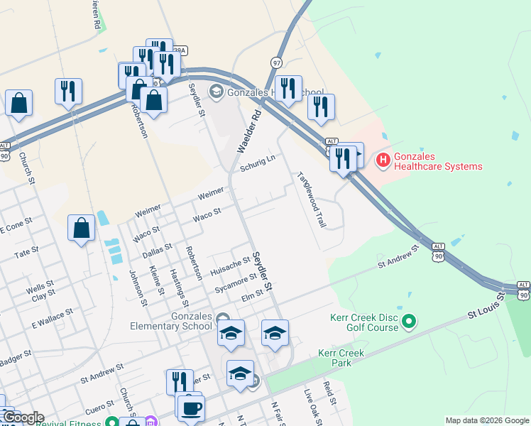 map of restaurants, bars, coffee shops, grocery stores, and more near 1910 Dreyer Lane in Gonzales