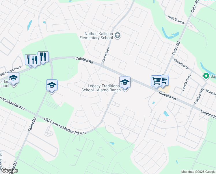 map of restaurants, bars, coffee shops, grocery stores, and more near 13721 Dariens Path in San Antonio
